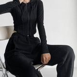 Knitted Zipper Crop Hoodie Black