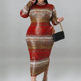 Plus Size Tie Dye Striped Long Sleeve Bodycon Dress Red