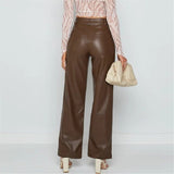 Faux Leather Straight Wide Leg Pants Brown