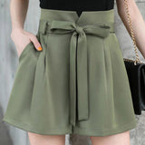 Chiffon Bow Belt High Waist Shorts Green