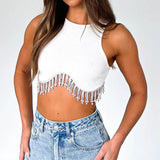 Rhinestone Tassel Sleeveless Crop Top White