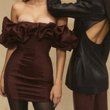 Satin Ruffle Sleeve Mini Dress Deep Red