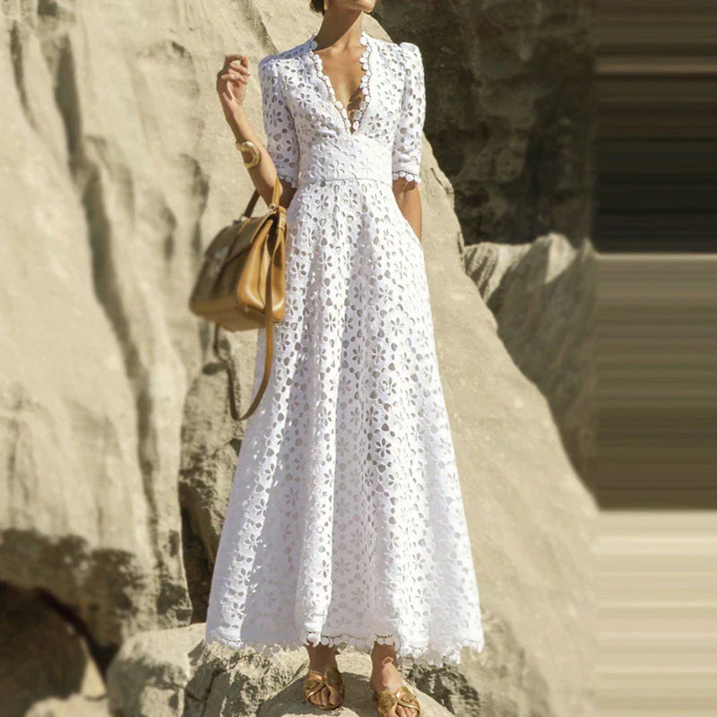 Half Sleeve Hollow Out Embroidery Maxi Dress