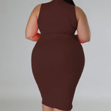 Plus Size Sleeveless Solid Bodycon Midi Dress Brown