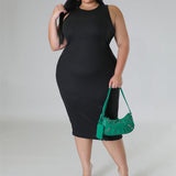 Plus Size Sleeveless Solid Bodycon Midi Dress Black