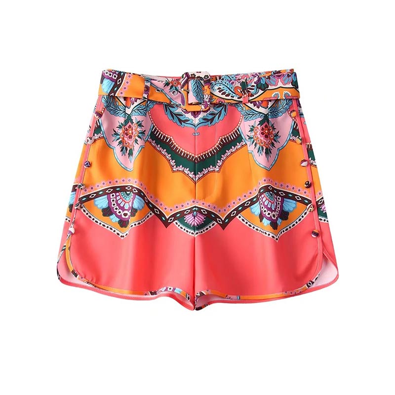 Floral Print Silk Satin Belt Shorts