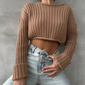 Ribbed Knit Crewneck Cotton Crop Sweater