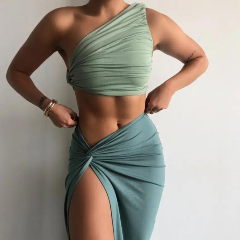 2-Piece Ruched Crop Top and High Slit Midi Skirt Matching Set