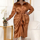 Plus Size Long Sleeve Satin Blouse Ruched Midi Dress Bronze