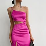 Satin Silk Cut Out Tassel Maxi Dress Pink