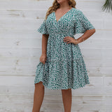 Plus Size V-Neck Short Sleeve Floral Print Midi Dress Green