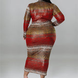 Plus Size Tie Dye Striped Long Sleeve Bodycon Dress Red