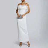 Strapless Feather Tassel Maxi Dress White