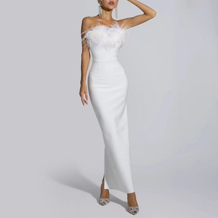 Strapless Feather Tassel Maxi Dress White