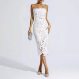 Strapless Floral Lace Midi Dress White