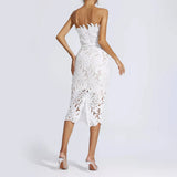 Strapless Floral Lace Midi Dress White