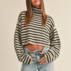 Stripe High Neck Oversize Crop Sweater