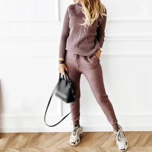 2-Piece Knitted Cross Striped Turtleneck and Sweatpants Set