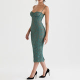 Vintage Lace Bodycon Cocktail Midi Dress Forest Green