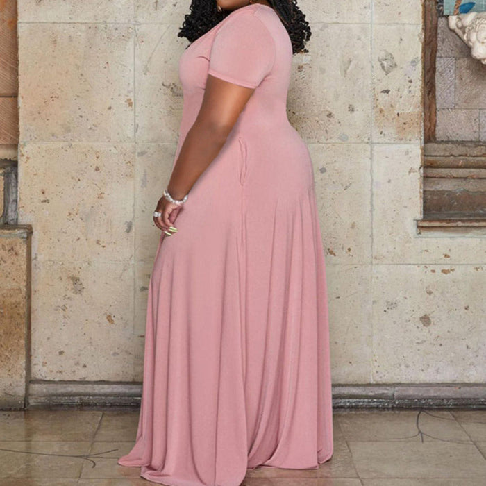 Plus Size Solid V Neck Maxi Dress Pink