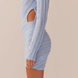 Hollow Out Long Sleeve Knitted Mini Dress Light Blue