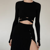 2-Piece Crew Neck Cross Tie Top and Midi Skirt Matching Set Black