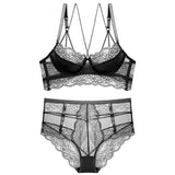 2-Piece French Lace Bra and High Waist Panty Set  Black