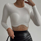 Rhinestone Tassel Long Sleeve Crop Top White