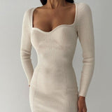 Knitted Long Sleeve Heart Collar Sweater Midi Dress White