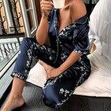 2-Piece Satin Short Sleeve Pants Sleepwear Set Dark Blue Floral