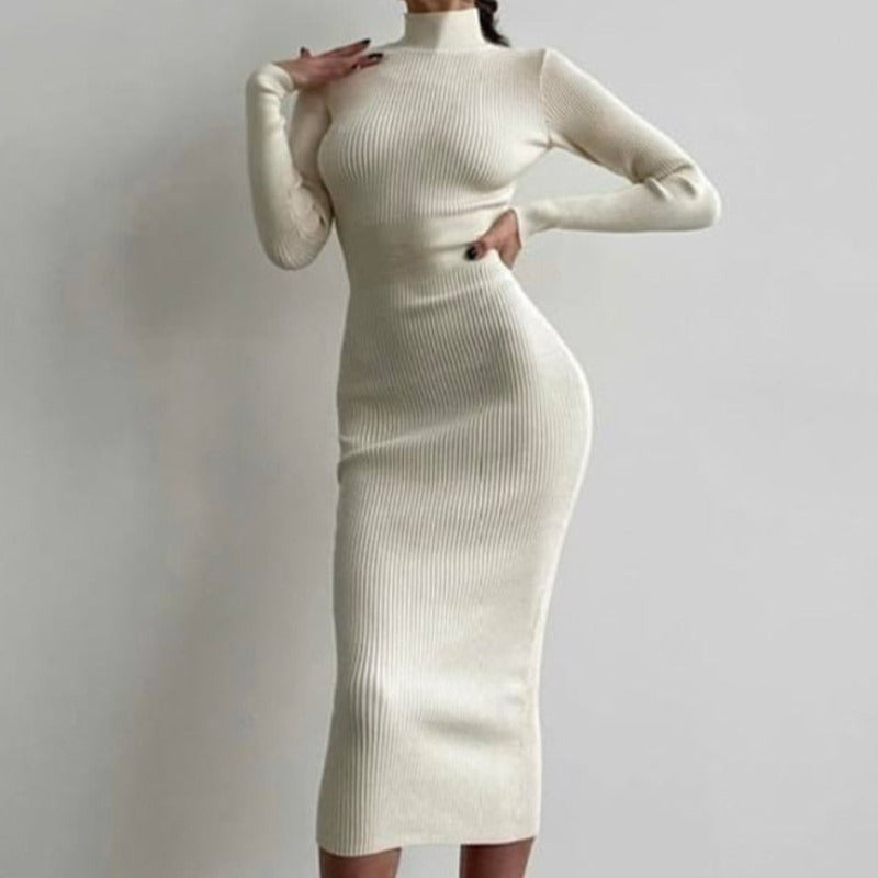 Knitted Turtleneck Long Sleeve Midi Dress