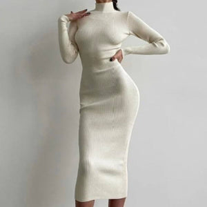 Knitted Turtleneck Long Sleeve Midi Dress Cream