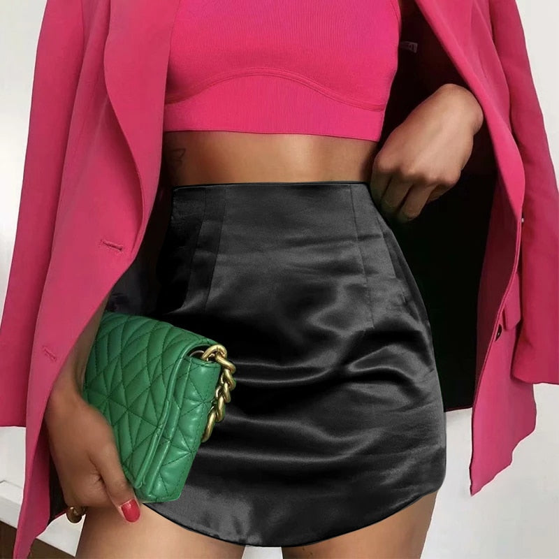Satin Side Zipper Mini Skirt