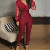 Glitter Mesh Long Sleeve Jumpsuit Red