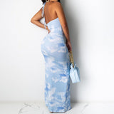 Backless Cloud Print Halter Maxi Dress Blue