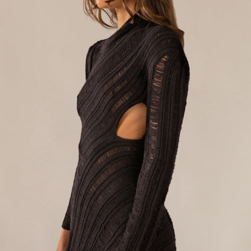 Hollow Out Long Sleeve Knitted Mini Dress