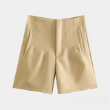 Solid High Waist Zipper Shorts Khaki