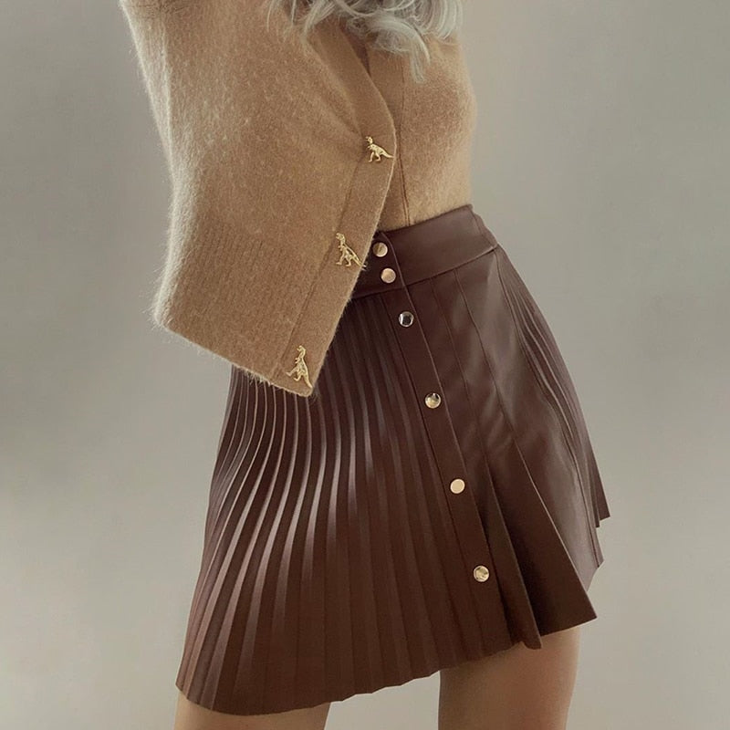 Faux Leather Mini Pleated Button Detail Skirt