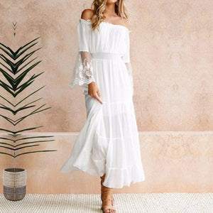 Off Shoulder Flared Long Sleeve Boho Maxi Dress White