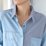 Patchwork Striped Denim Button Up Blouse Top Light Blue