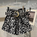 High Waist Leopard Belted Shorts Black