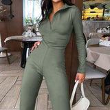 Solid Long Sleeve V-Neck Flared Jumpsuit Green