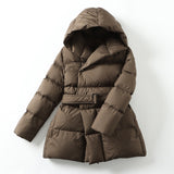 Ultra Light Belted Warm Puffer Parka Coat Brown