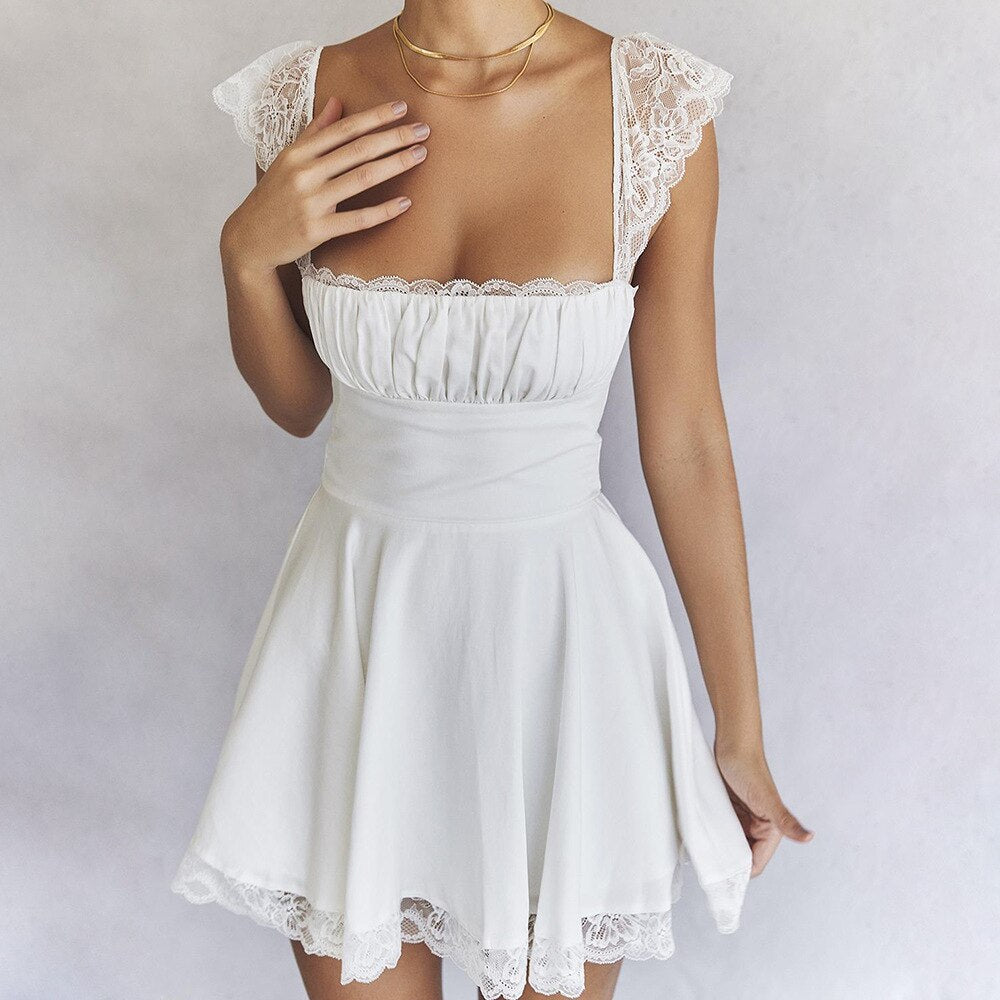 Double Layered Lace White Mini Dress