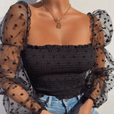 Mesh Sheer Chiffon Long Sleeve Blouse Top Black