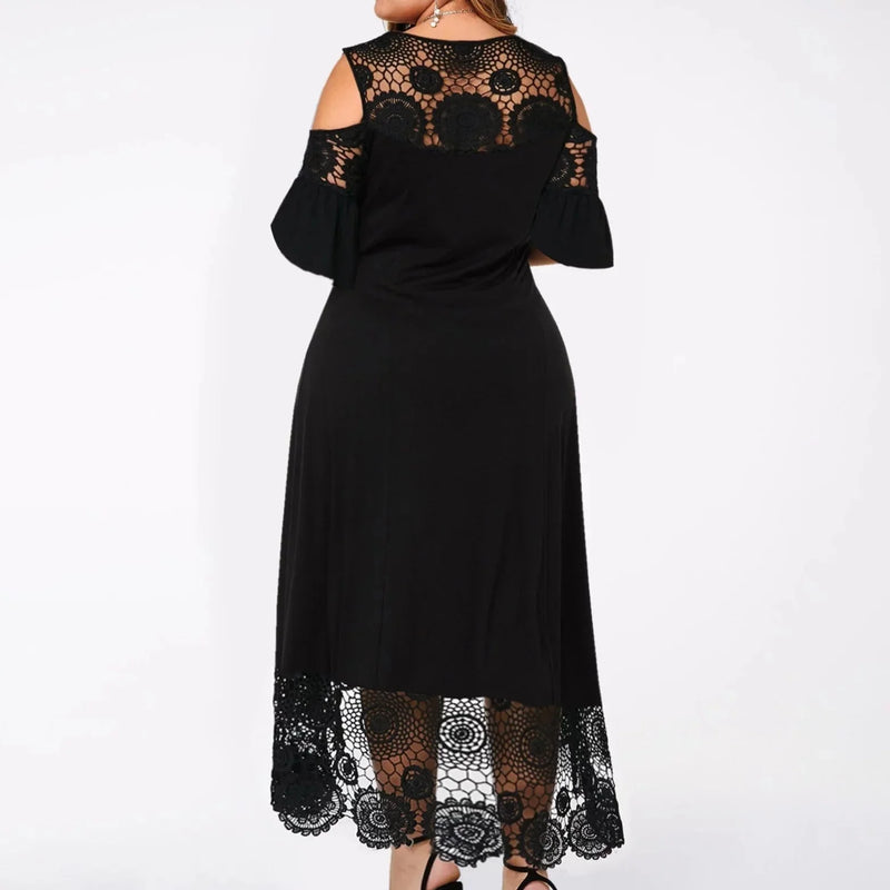 Plus Size Shoulder Cut Out Lace Hem Embroidery Midi Dress