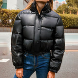 Faux Leather Cotton Padded Down Jacket Black