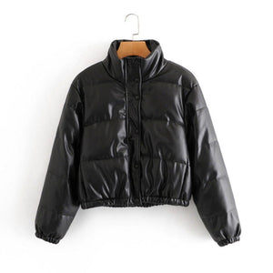 Faux Leather Cotton Padded Down Jacket