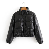 Faux Leather Cotton Padded Down Jacket Black