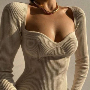 Knitted Long Sleeve Heart Collar Sweater Midi Dress